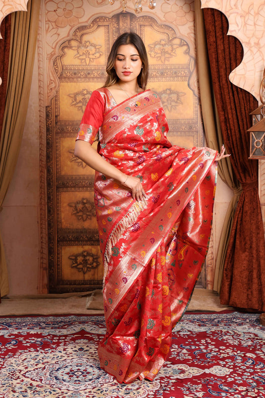 Red Blossom Banarasi Silk Saree