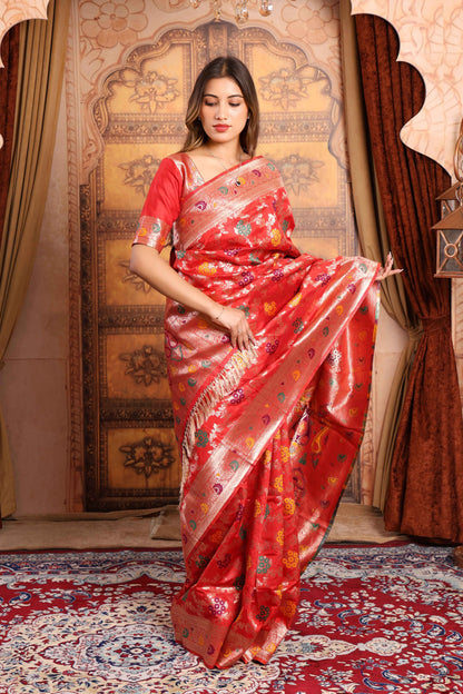 Red Blossom Banarasi Silk Saree