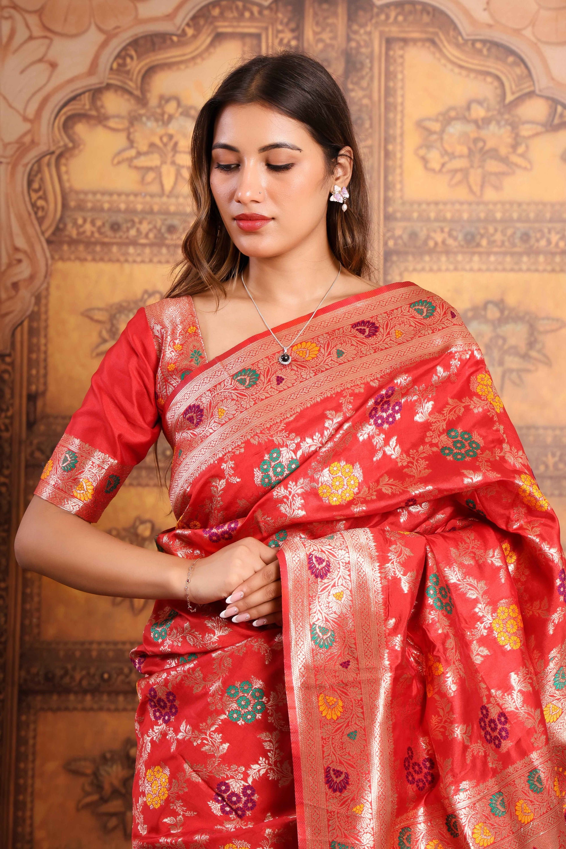 Red Blossom Banarasi Silk Saree
