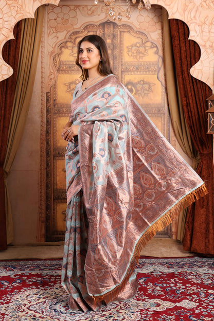 Mint Banarasi Silk Saree with Rose-Gold Zari Weave & Paisley Buta