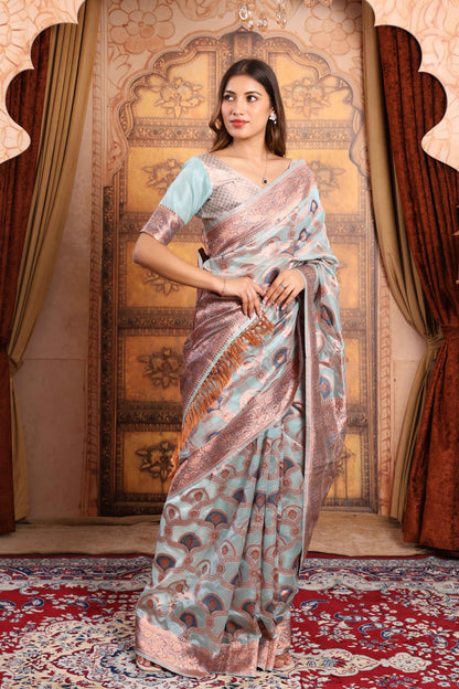 Mint Banarasi Silk Saree with Rose-Gold Zari Weave & Paisley Buta
