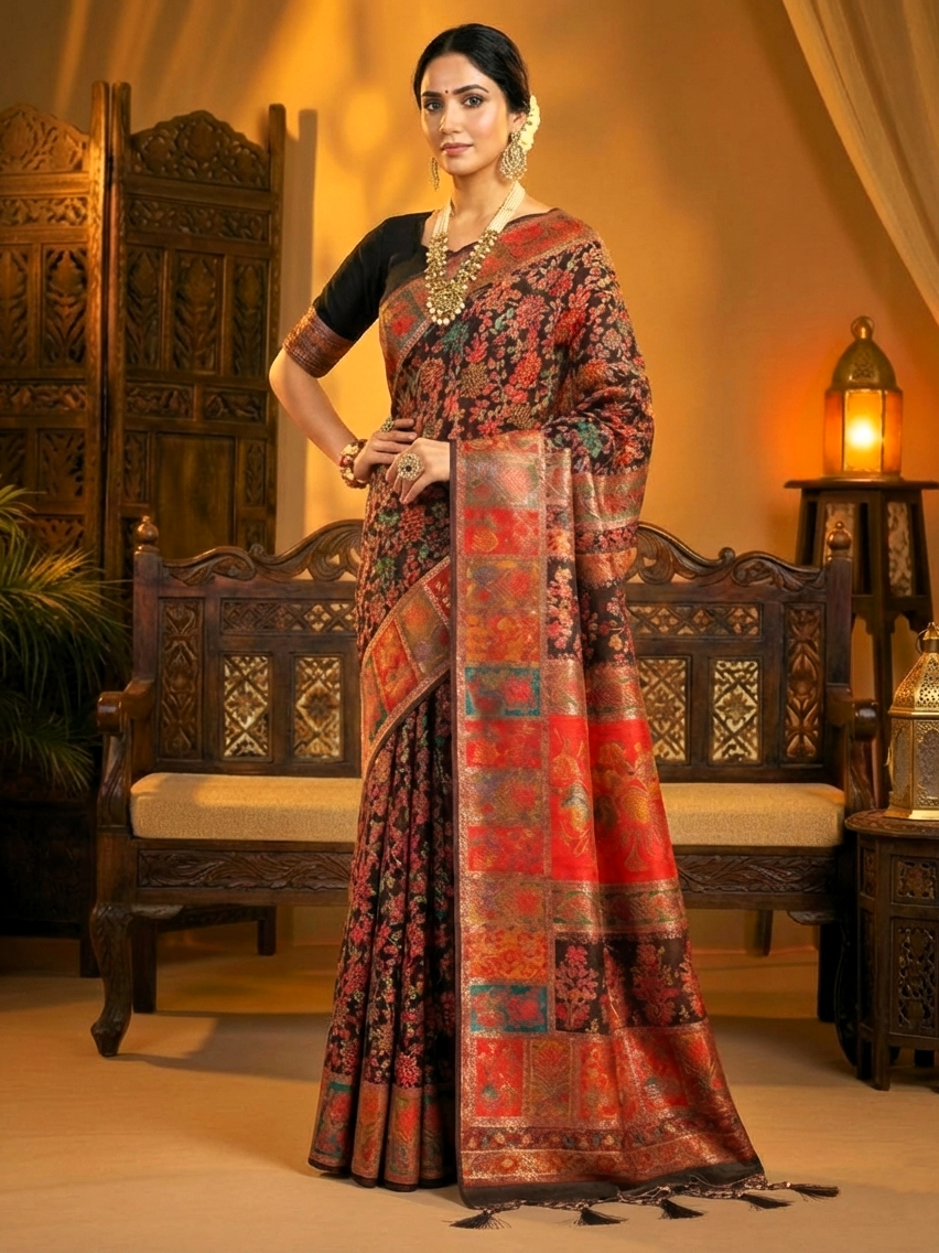 Black Multicolor Woven Kashmiri Jamewar Saree