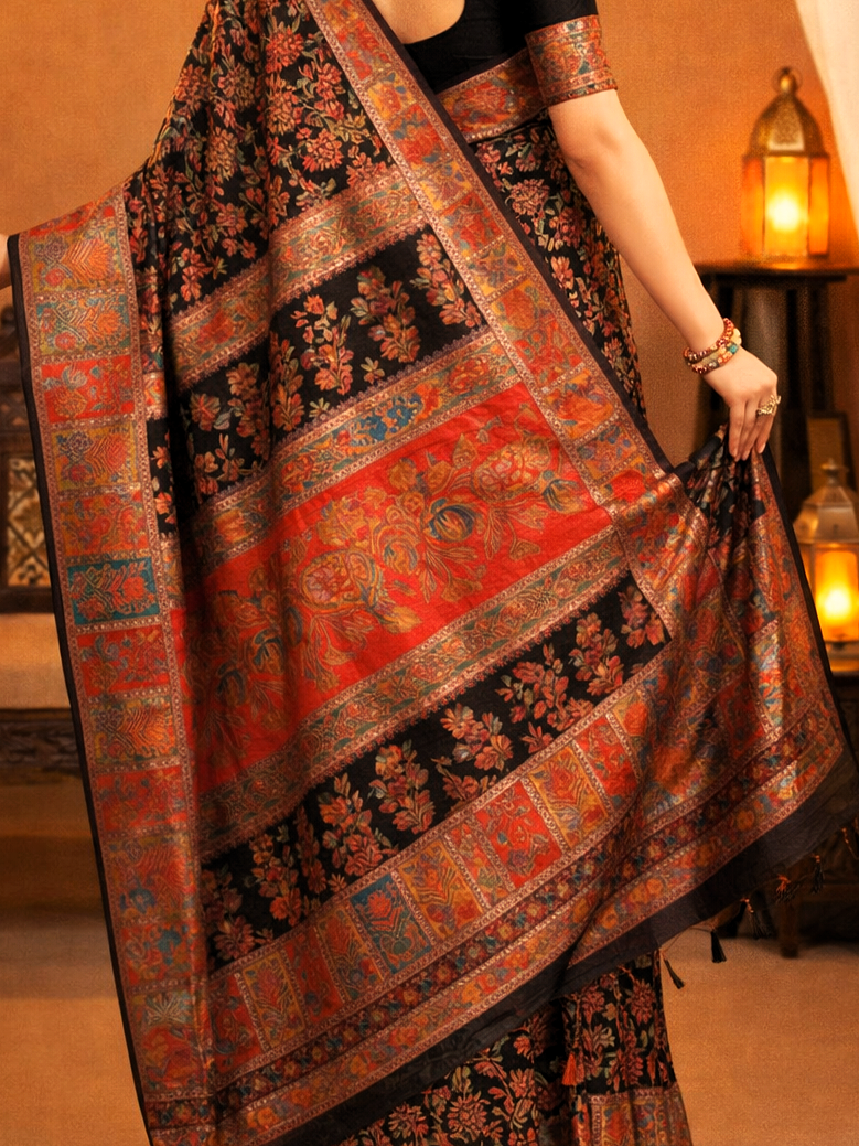 Black Multicolor Woven Kashmiri Jamewar Saree