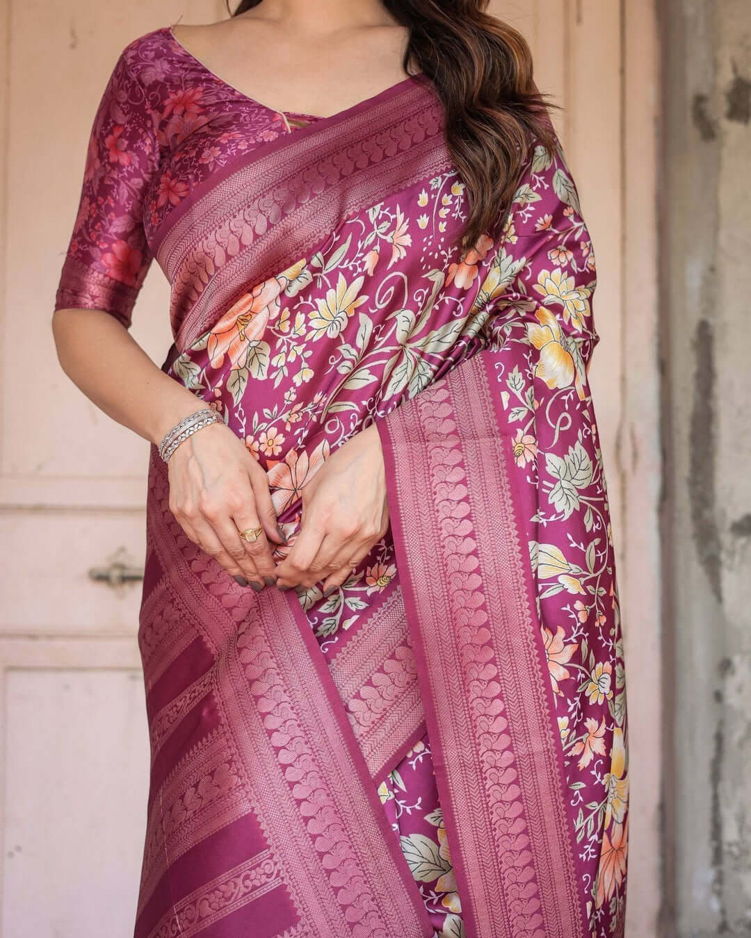 Wine & Rose Gold Banarasi Silk Saree with Intricate Zari Handwoven Design - Sareeze