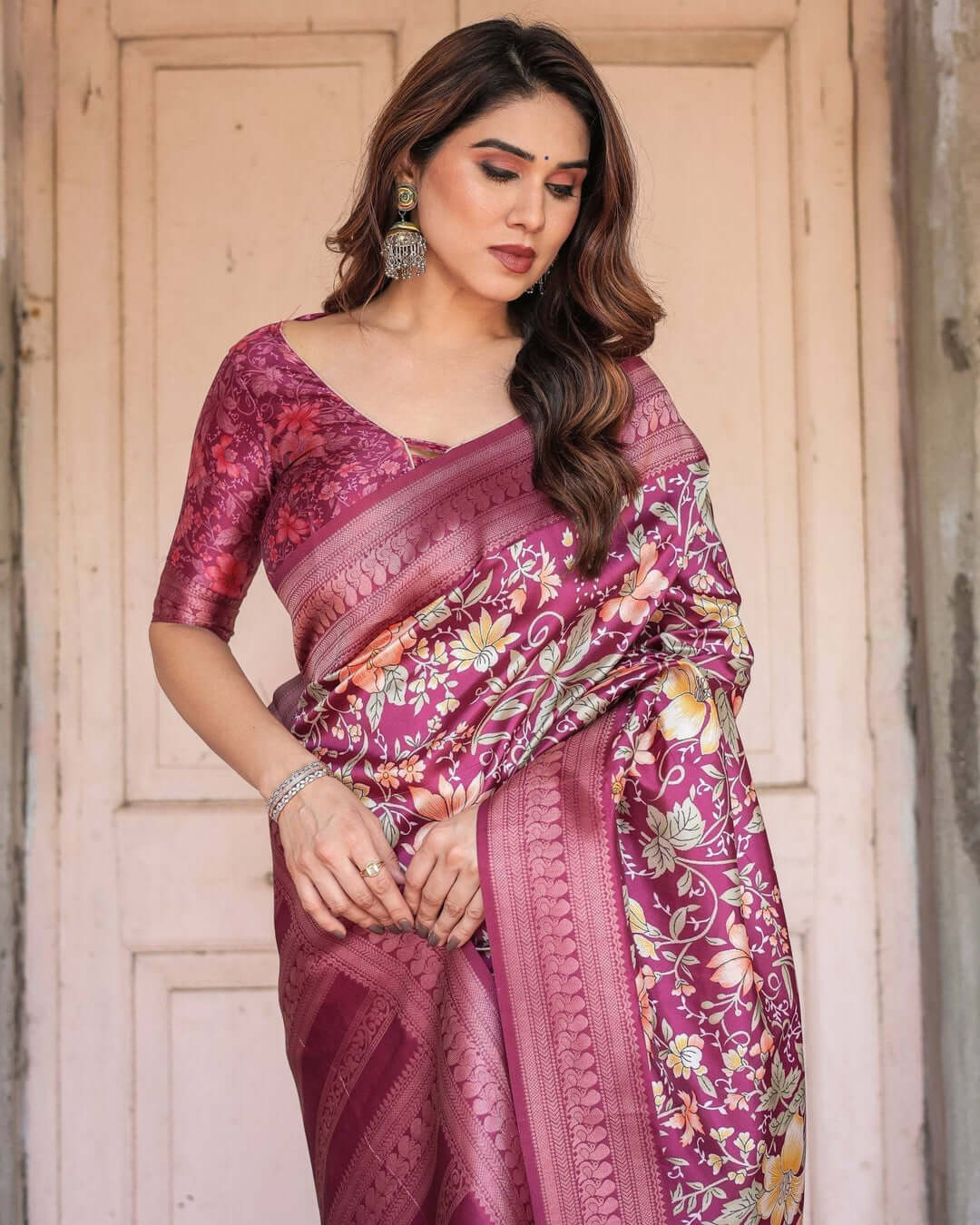 Wine & Rose Gold Banarasi Silk Saree with Intricate Zari Handwoven Design - Sareeze