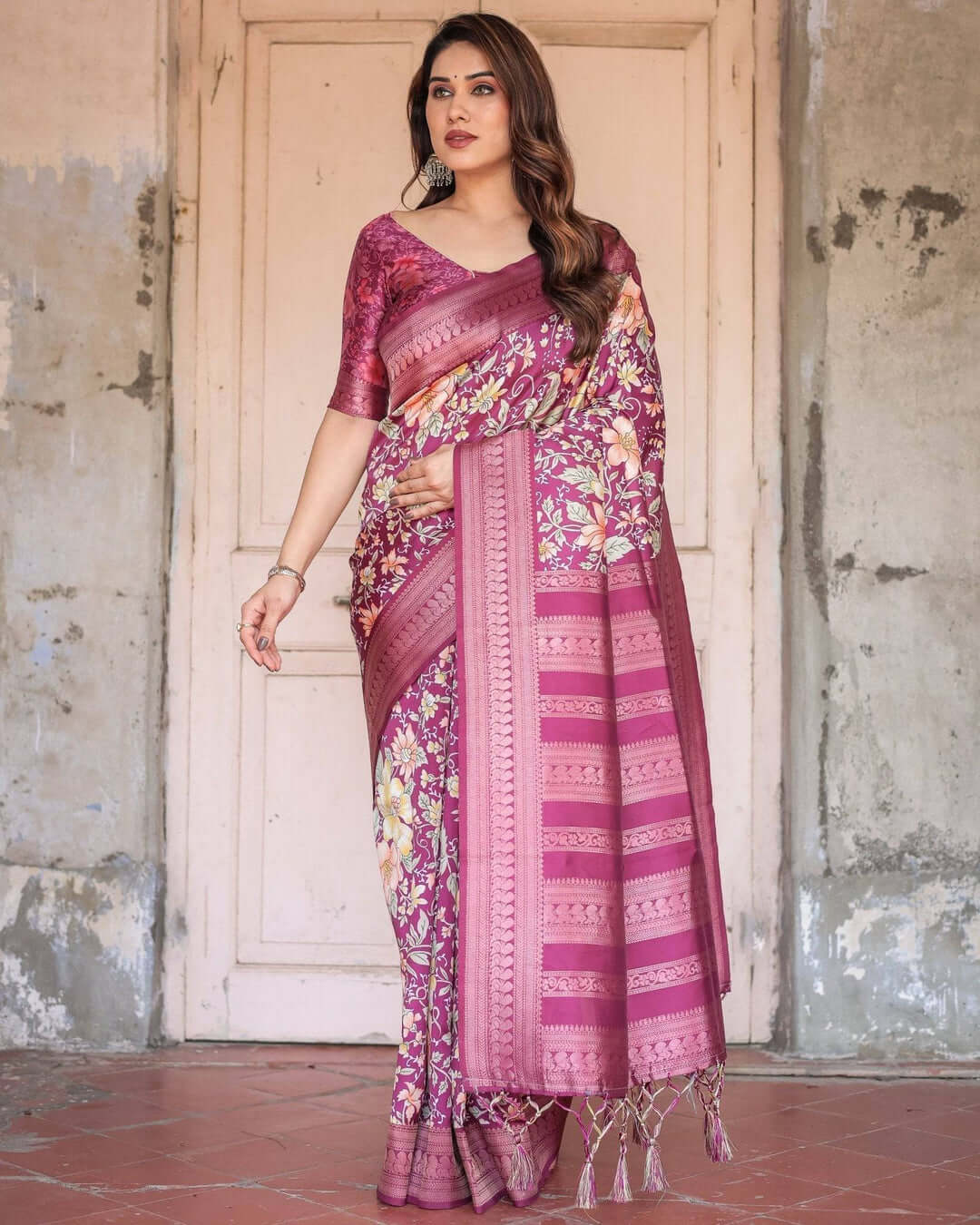 Wine & Rose Gold Banarasi Silk Saree with Intricate Zari Handwoven Design - Sareeze
