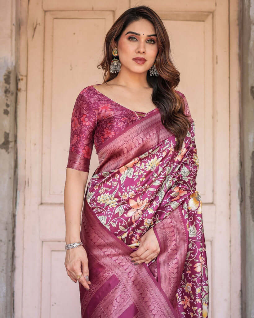 Wine & Rose Gold Banarasi Silk Saree with Intricate Zari Handwoven Design - Sareeze