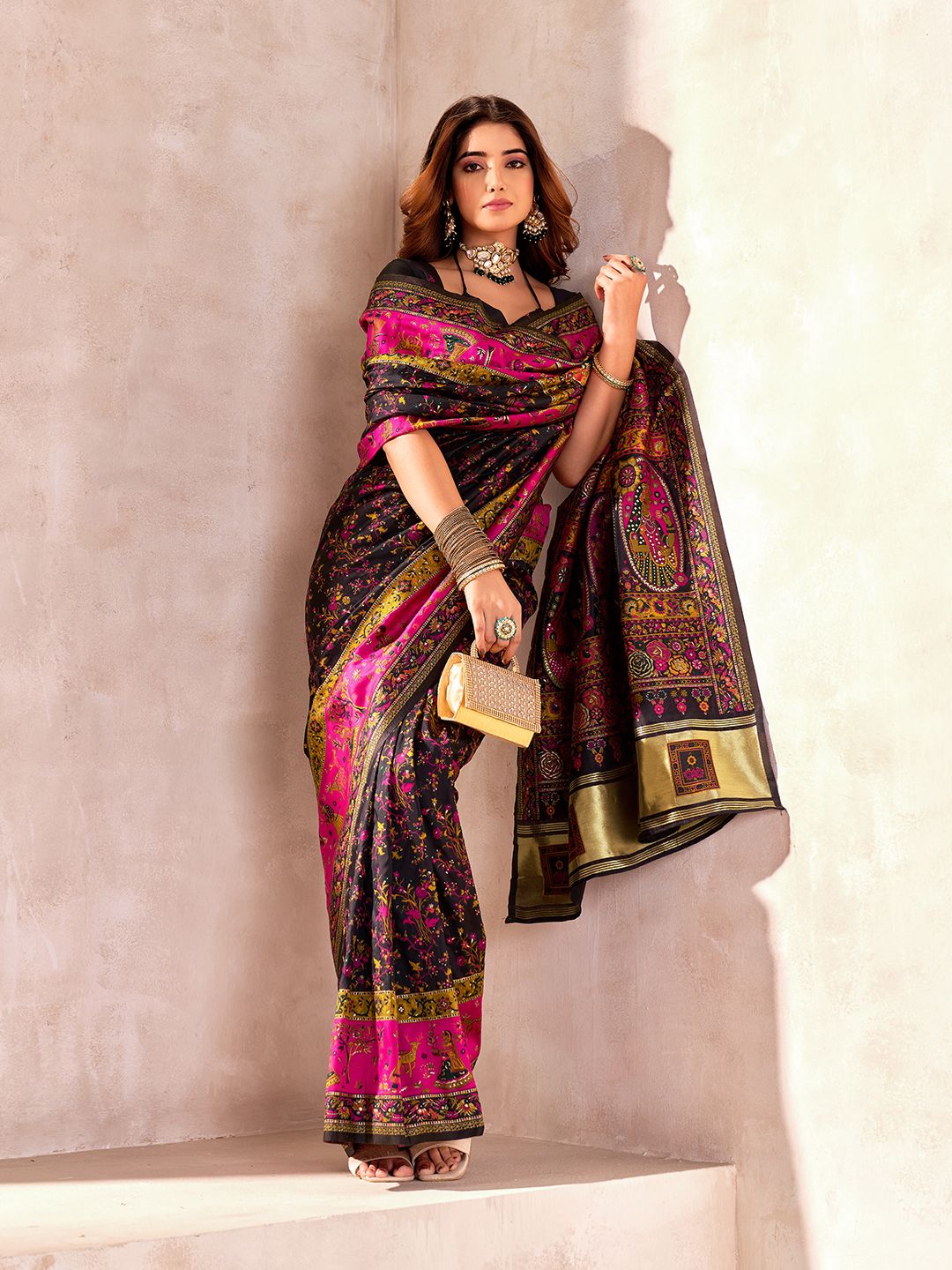 Handcrafted Pure Pashmina Black Silk Saree