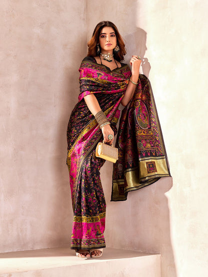 Handcrafted Pure Pashmina Black Silk Saree