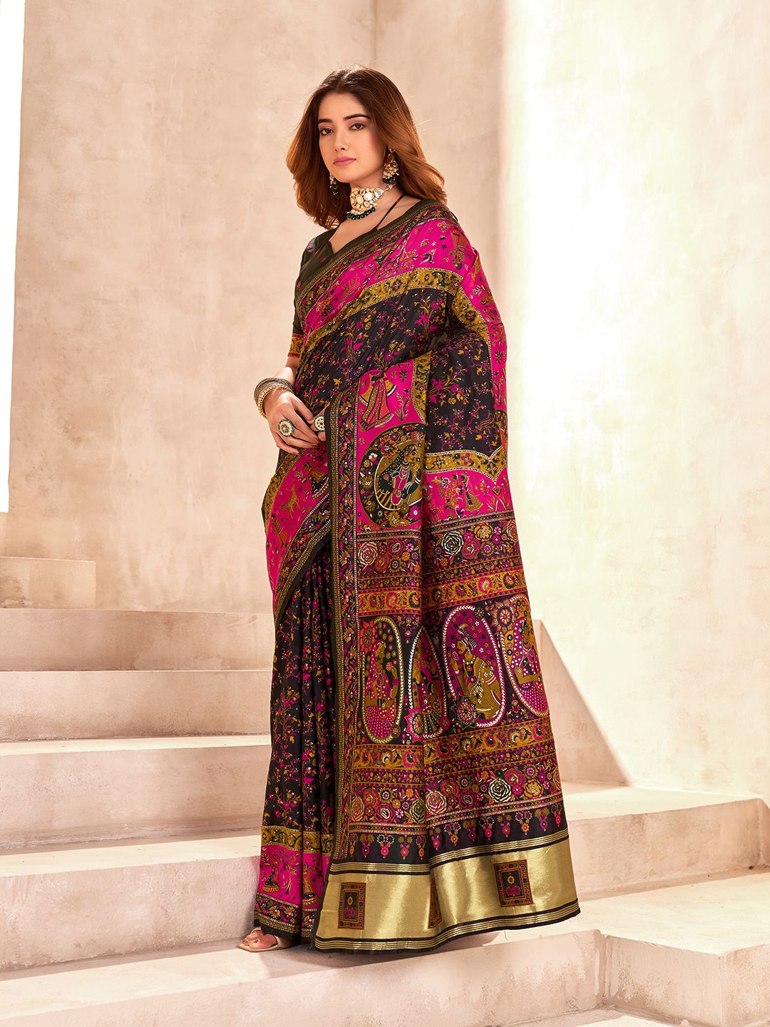 Handcrafted Pure Pashmina Black Silk Saree