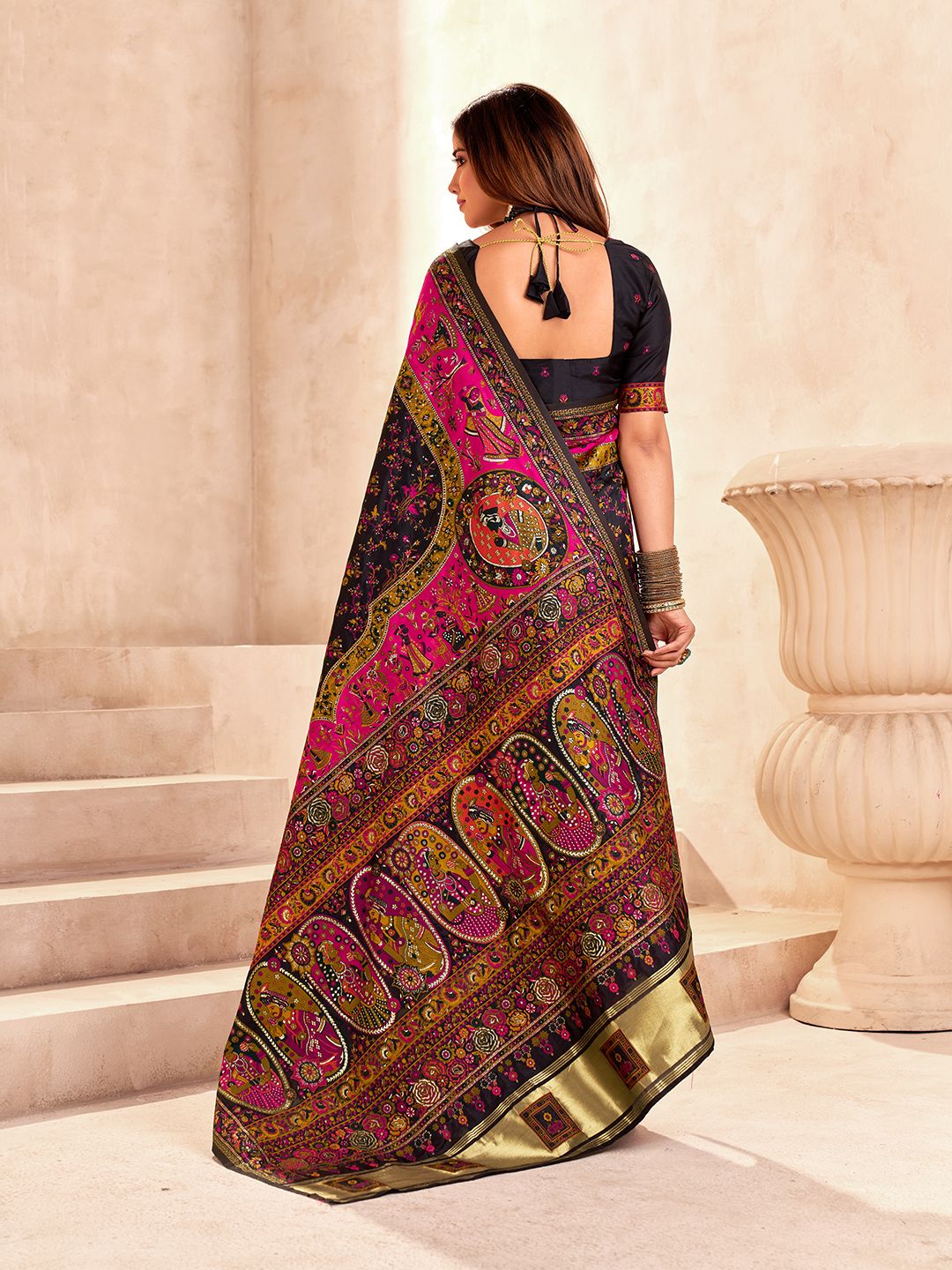 Handcrafted Pure Pashmina Black Silk Saree