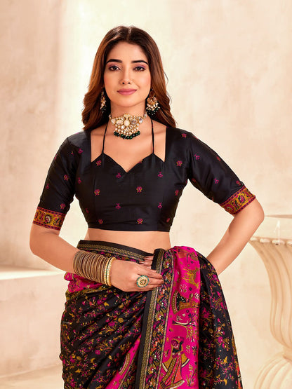 Handcrafted Pure Pashmina Black Silk Saree