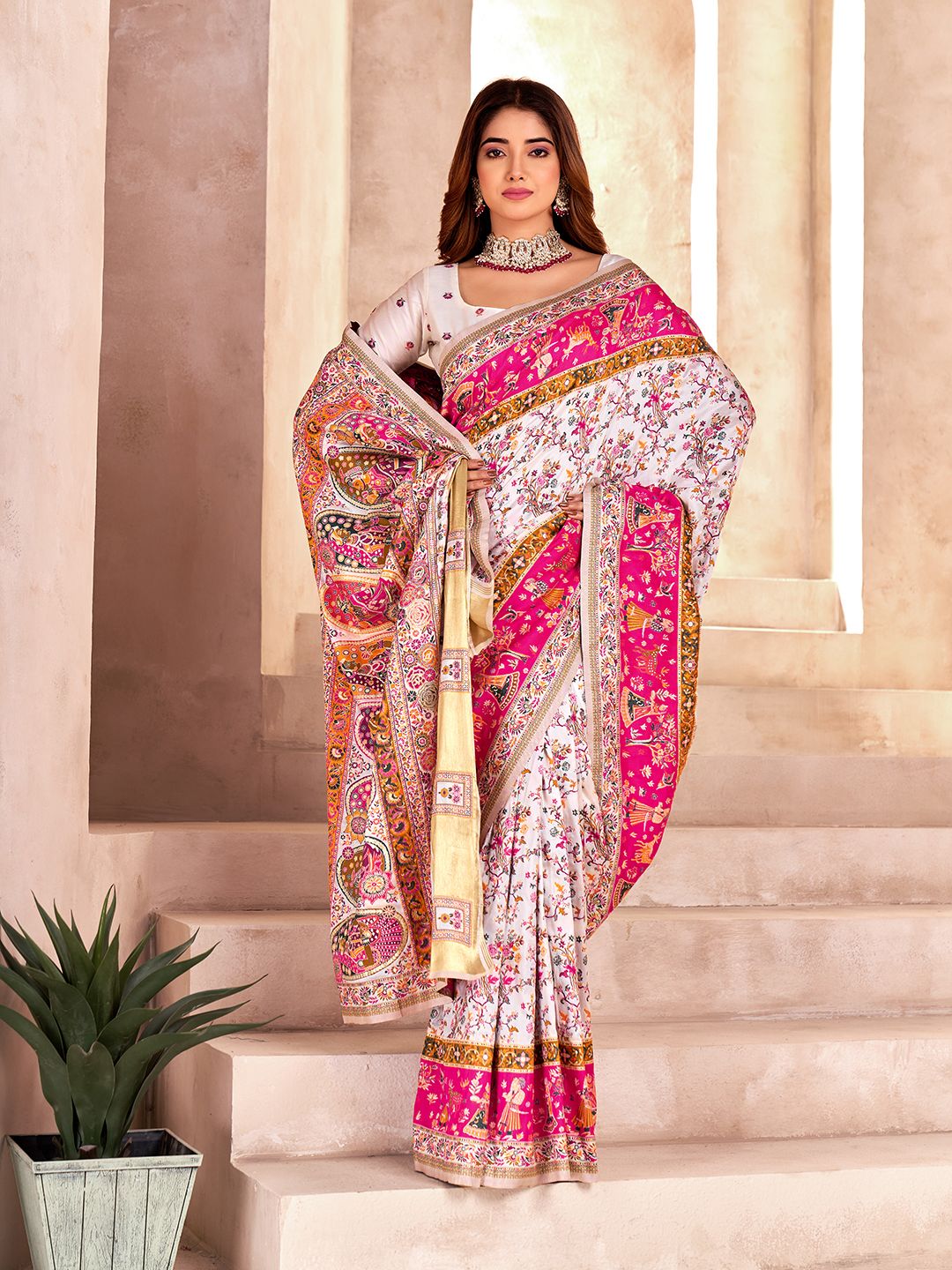 Handcrafted Pure Pashmina White Silk Saree