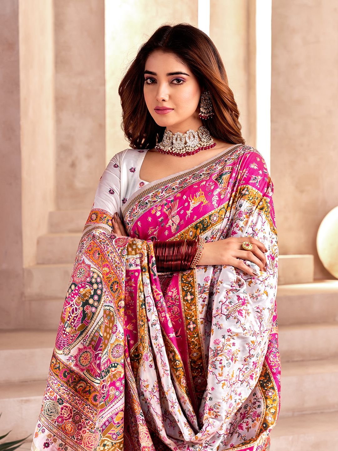Handcrafted Pure Pashmina White Silk Saree