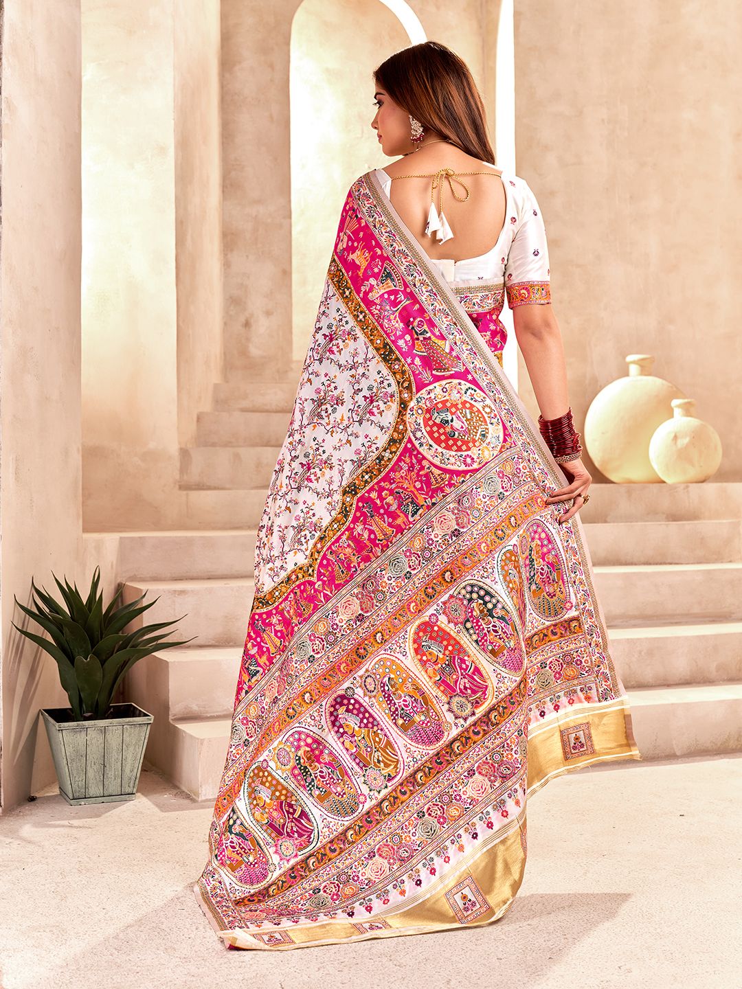 Handcrafted Pure Pashmina White Silk Saree