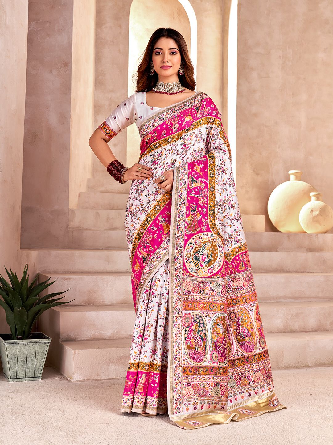 Handcrafted Pure Pashmina White Silk Saree