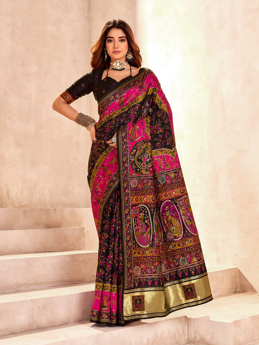Handcrafted Pure Pashmina Black Silk Saree