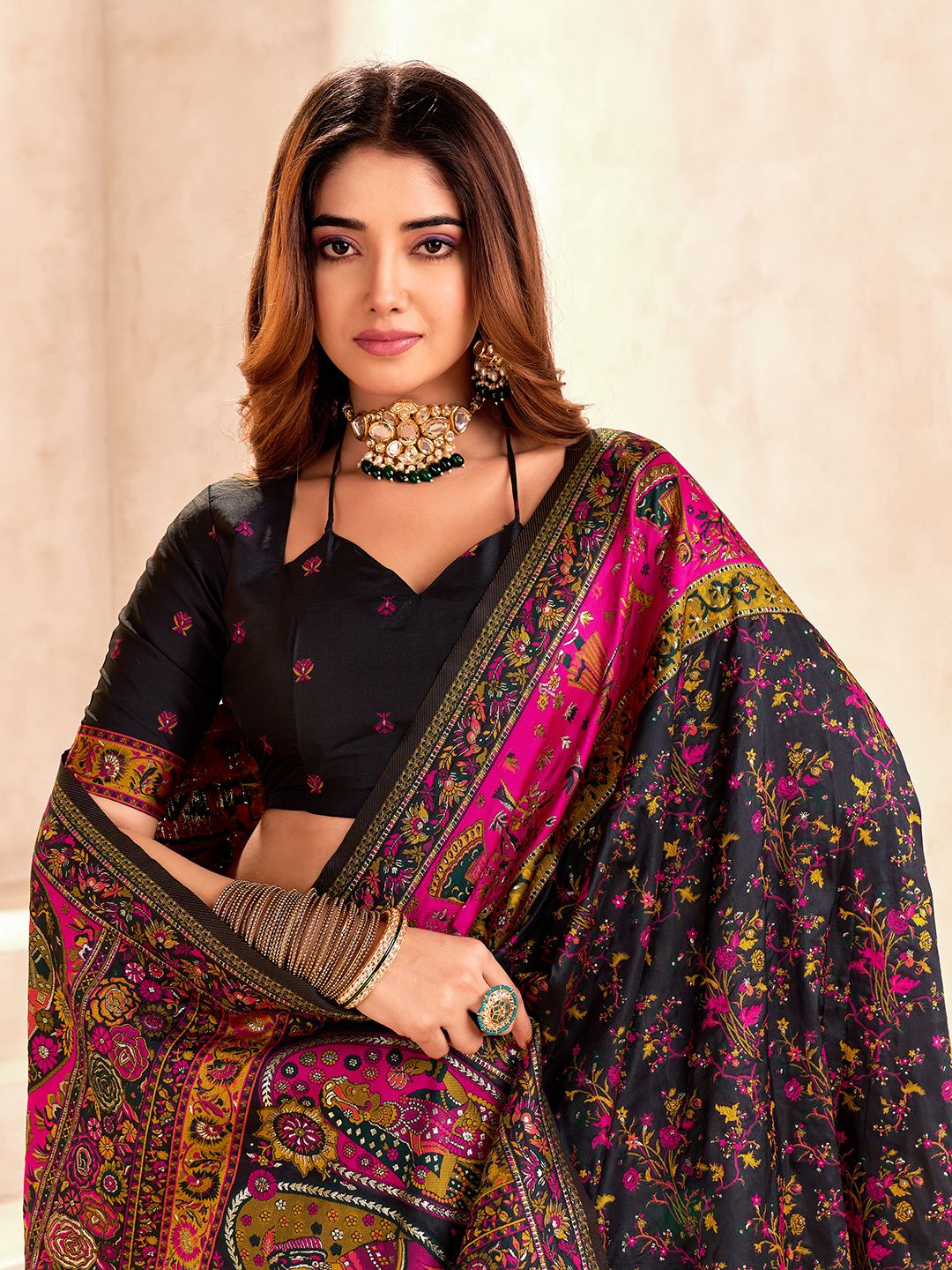 Handcrafted Pure Pashmina Black Silk Saree
