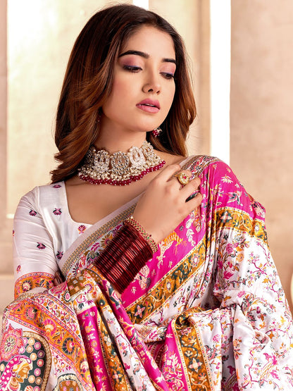 Handcrafted Pure Pashmina White Silk Saree