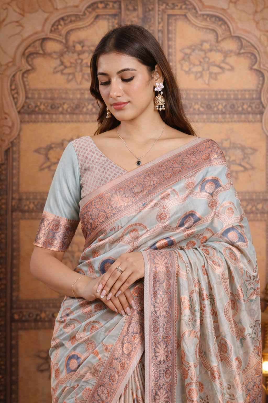 Mint Banarasi Silk Saree with Rose-Gold Zari Weave & Paisley Buta