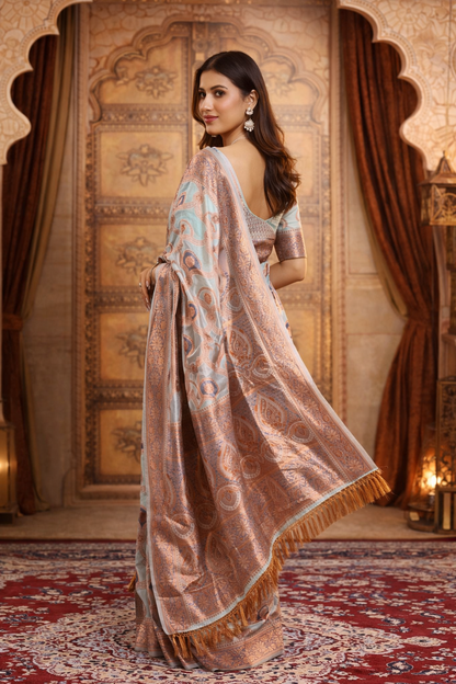 Mint Banarasi Silk Saree with Rose-Gold Zari Weave & Paisley Buta
