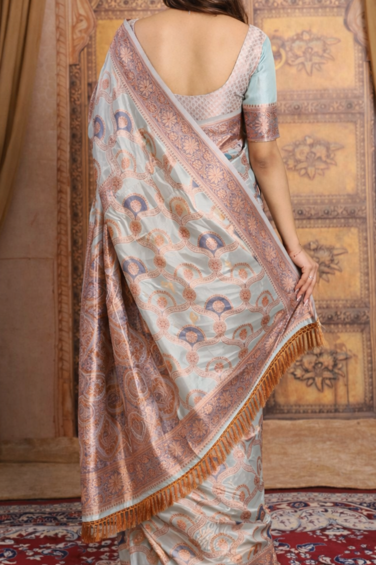 Mint Banarasi Silk Saree with Rose-Gold Zari Weave & Paisley Buta