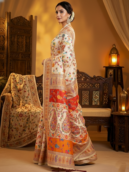 Noor-e-Kashmir Pashmina Silk Saree - Elegant White Ethnic Wear for Special Occasions
