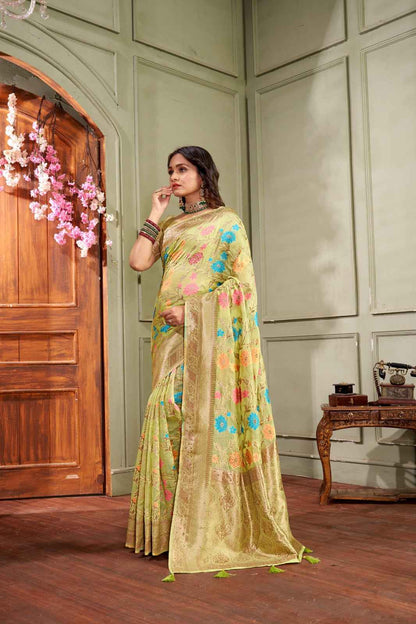 Siroski Bloom Yellow Banarasi Organza Saree