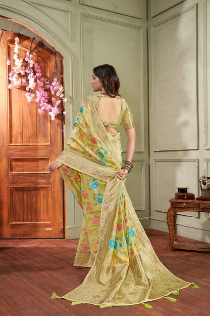 Siroski Bloom Yellow Banarasi Organza Saree