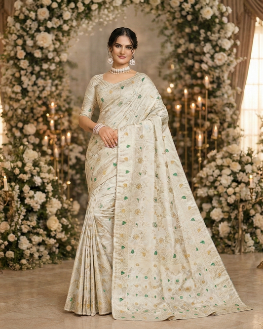White Banarasi Silk Saree with Gold Zari