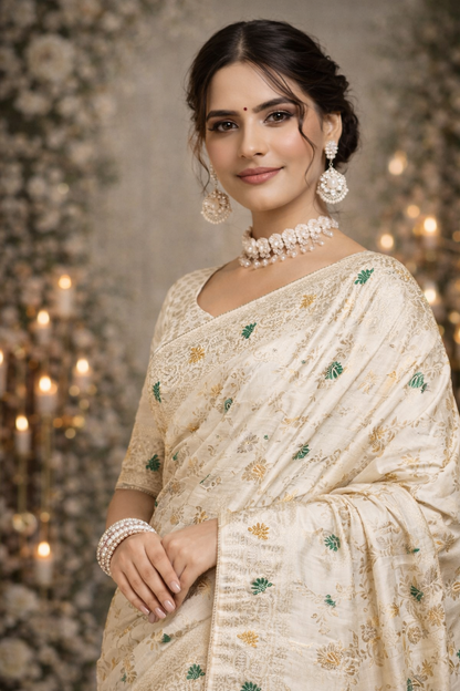 White Banarasi Silk Saree with Gold Zari