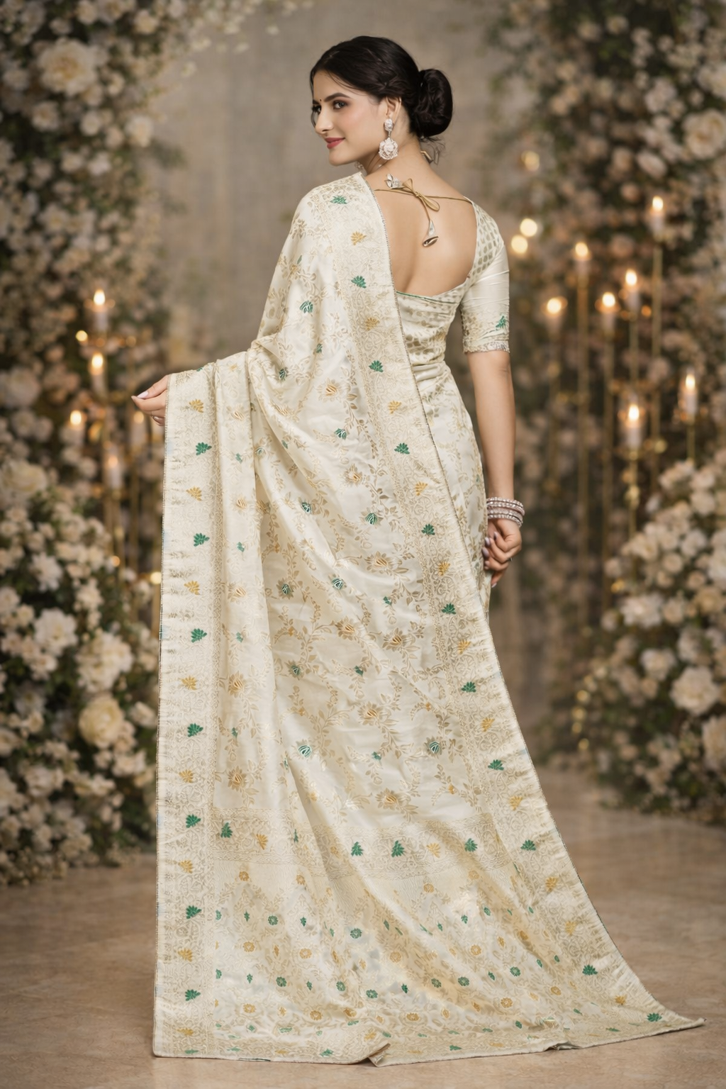 White Banarasi Silk Saree with Gold Zari