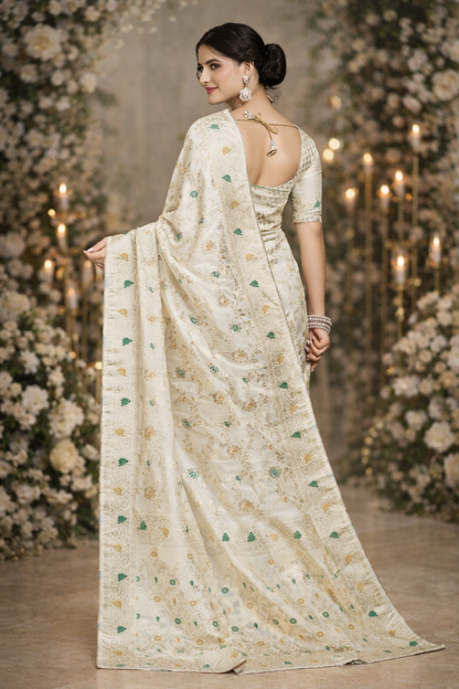 White Banarasi Silk Saree with Gold Zari