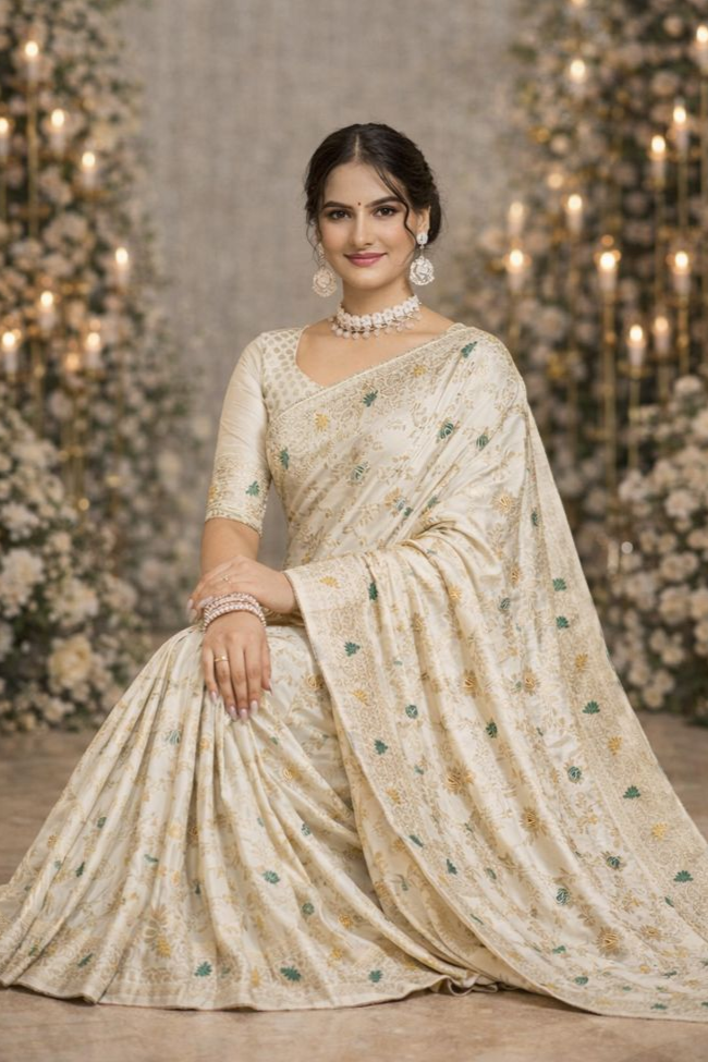 White Banarasi Silk Saree with Gold Zari